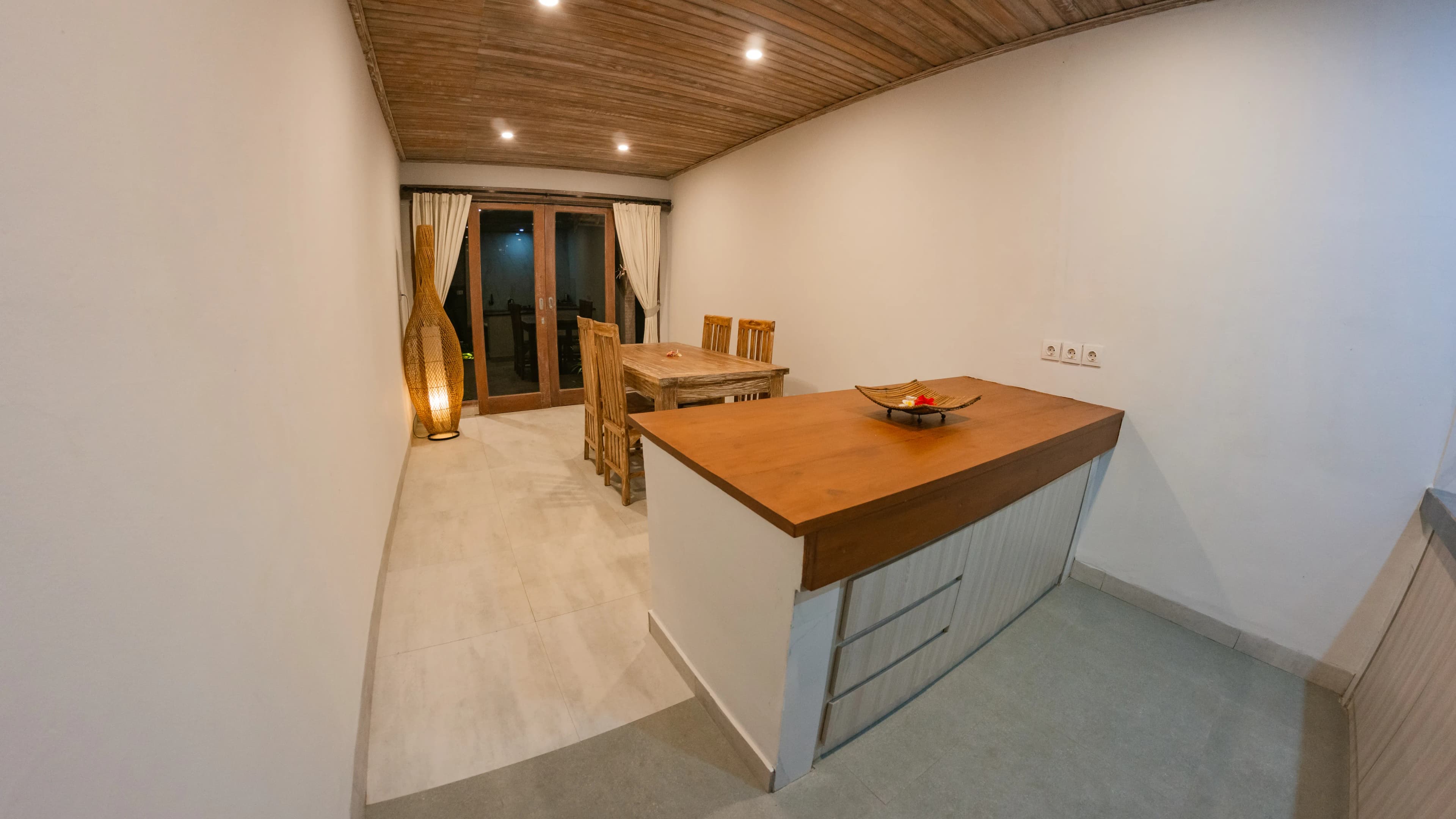 Open kitchen with rice field view